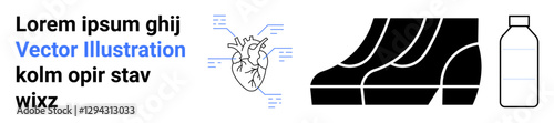 Anatomical heart diagram with circuits, stylized sports shoe soles, simple bottle outline. Ideal for health, anatomy, sports, fitness, hydration, medical science flat landing page banner