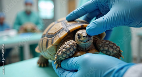 Close-up of gloved hands of veterinarian gently examining small rescued tortoise in veterinary clinic or animal hospital, ensuring its health and well-being, vets working behind. Saving small animals