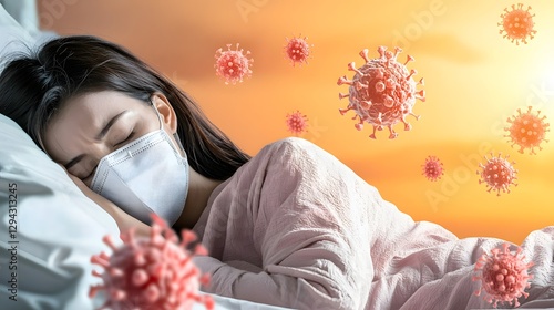 Tired woman lying on hospital bed wearing face mask bathed in warm golden sunset light with drifting influenza virus particles in the air