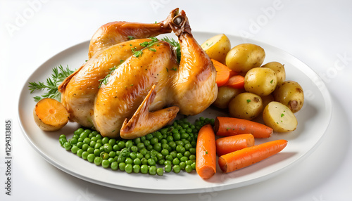 High-Angle View of Roast Chicken with Peas, Carrots, and Potatoes on a Plate