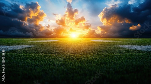 Football field with grass under a bright sun and a cloudy sky in the background during daytime photo