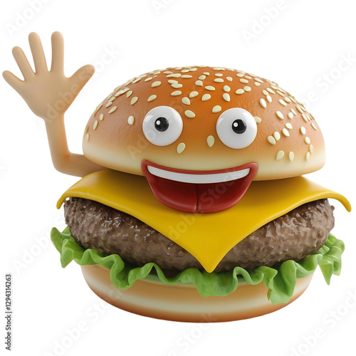 Smiling cheeseburger waving hello ,transparent background