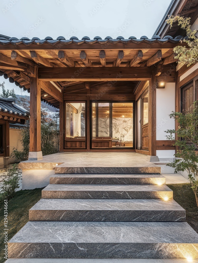 Naklejka premium A beautiful Asian inspired homes entrance with stairs and lighting