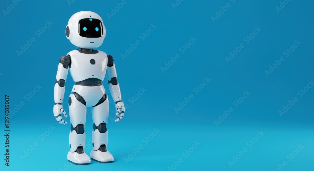 Fototapeta premium Cute humanoid robot standing on a blue background in futuristic setting