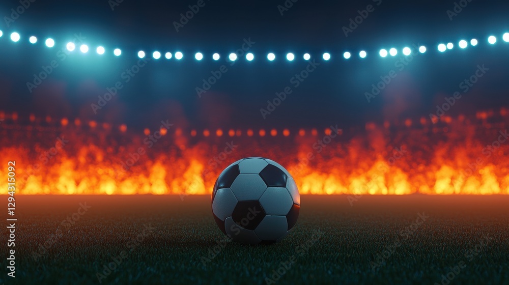 Fototapeta premium Soccer Ball on Field with Flames and Stadium Lights in Background