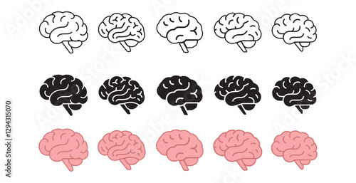 Set of Human brain icon set. Thinking, mind refresh, brain health, Simple brain symbol in side view. Mind sign solid and outline style, creative vector illustration