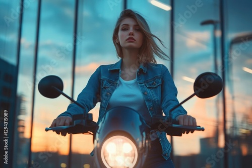 A young woman confidently sits on a motorcycle at sunset, her denim jacket and determined gaze capturing the moment.