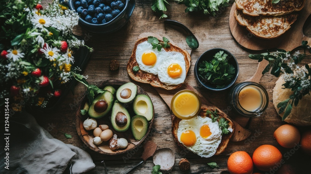 Delicious and Healthy Breakfast Feast: Eggs, Avocado Toast, and More! Delicious and Healthy Breakfast Feast: Eggs, Avocado Toast, and More!