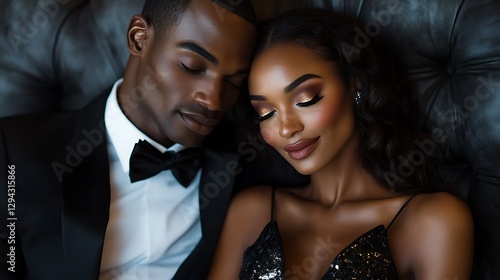 A Romantic Couple Snuggles Up on a Luxurious Black Couch