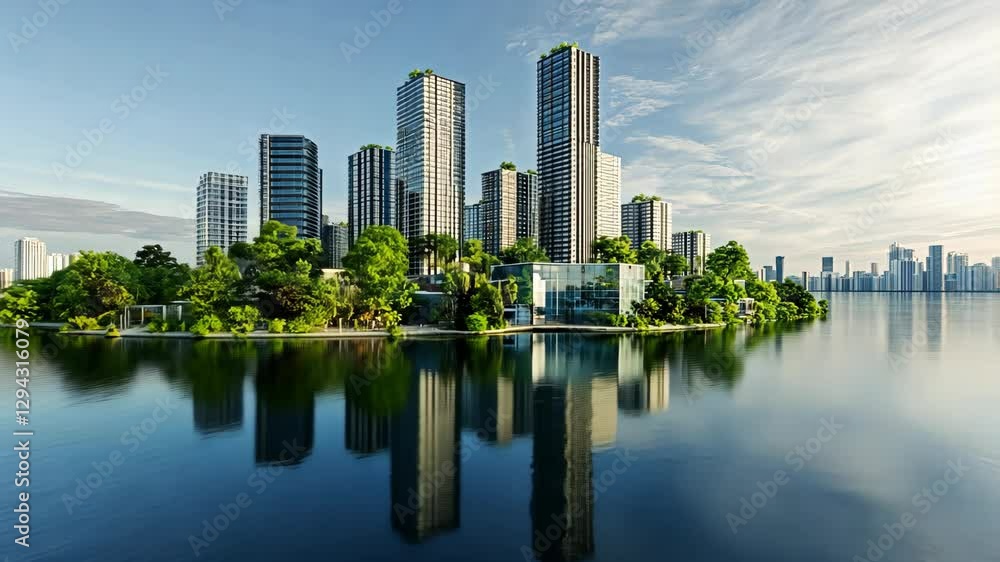 Modern skyscrapers reflect in serene water, showcasing urban design on a lush island Modern skyscrapers reflect in serene water, showcasing urban design on a lush island