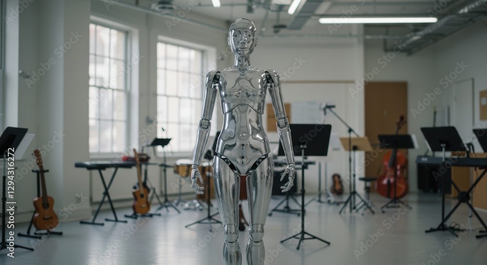Obraz premium Futuristic humanoid robot in modern music classroom setting