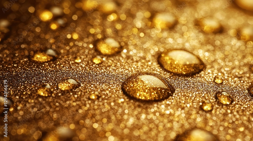 Golden water droplets on a glittery surface, abstract background Golden water droplets on a glittery surface, abstract background