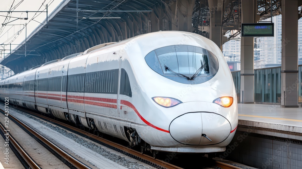 Naklejka premium High-Speed Train Swiftly Passing Through a Vibrant Valley Landscape