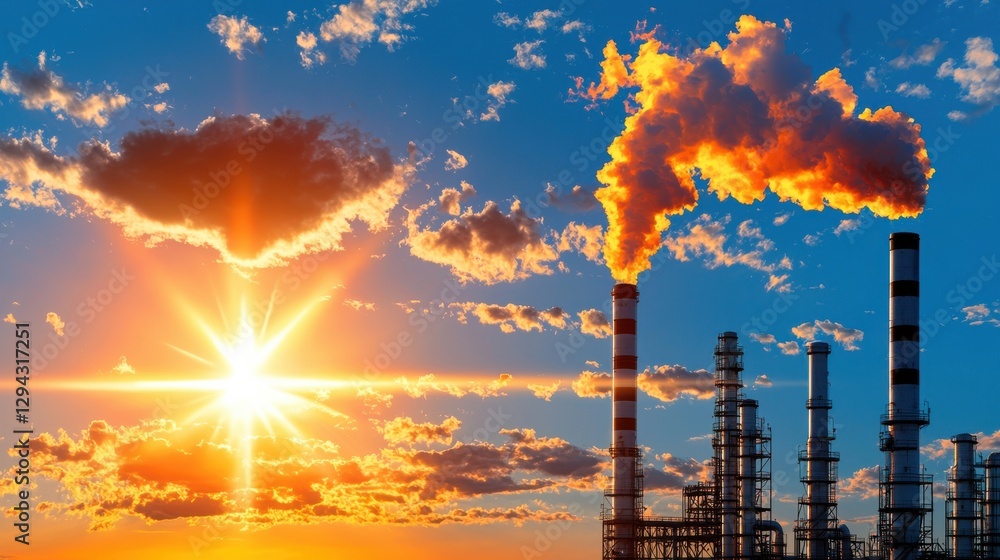 Obraz premium Dramatic sunset over a polluting industrial skyline with towering smoking chimneys and pipelines highlighting the environmental impact and need for sustainable energy solutions