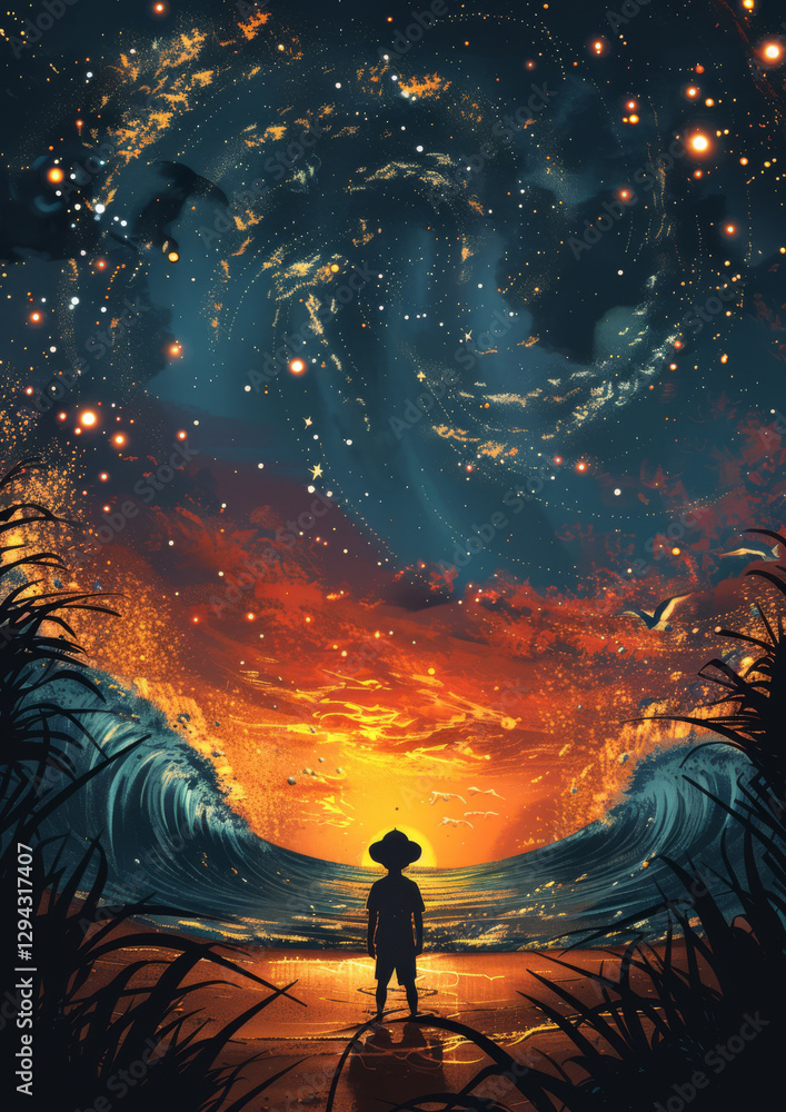 Mystical sunset beach with cosmic waves
Mystical sunset beach with cosmic waves