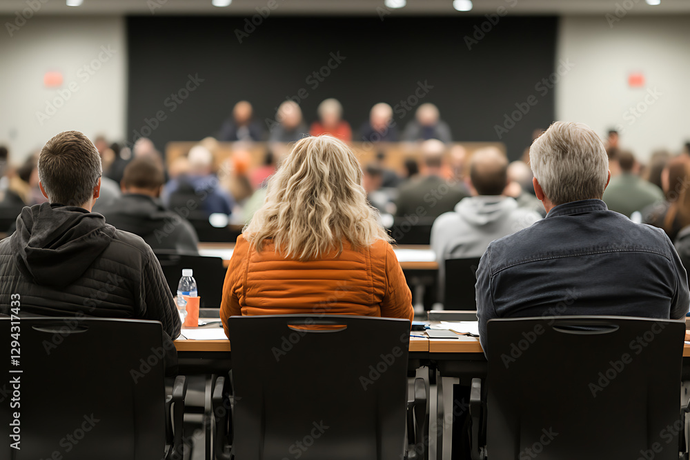 Attendees at a seminar or conference seated and looking at a panel or presentation. Focus is on the audience, backs of heads. Attendees at a seminar or conference seated and looking at a panel or presentation. Focus is on the audience, backs of heads.