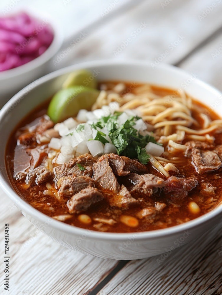Hearty birria ramen bowl on rustic wooden table with fresh lime and cilantro garnish vibrant food photography Hearty birria ramen bowl on rustic wooden table with fresh lime and cilantro garnish vibrant food photography