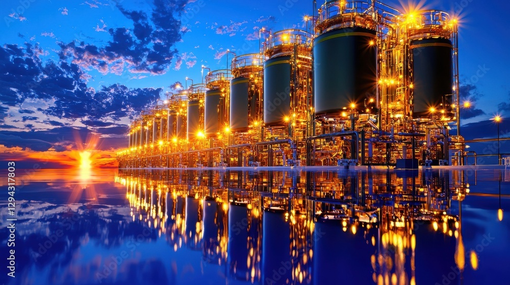 Obraz premium Mesmerizing sunset reflection at an industrial refinery plant showcasing the intricate architecture and infrastructure of the energy production facility against a stunning evening sky