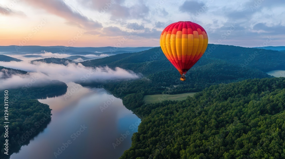 Fototapeta premium Colorful Hot Air Balloon Floating Over Tranquil Valley at Sunrise