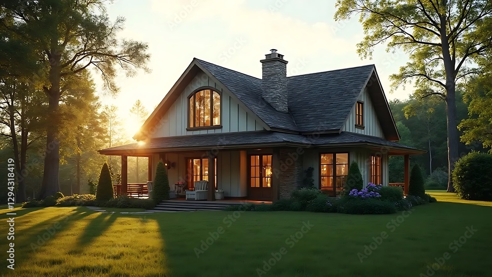 A sunlit suburban home has large windows, a covered porch, and is surrounded by a green lawn and trees A sunlit suburban home has large windows, a covered porch, and is surrounded by a green lawn and trees