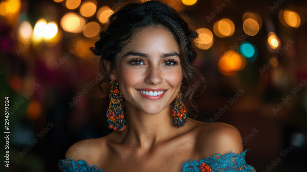 Beautiful smiling woman in elegant attire with festive lights behind Beautiful smiling woman in elegant attire with festive lights behind