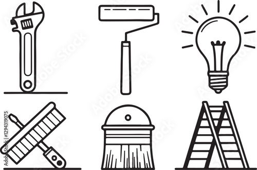 Home improvement elements editable flat stroke line art icon set, Outline of home repair tools. Vector illustration on a white background.