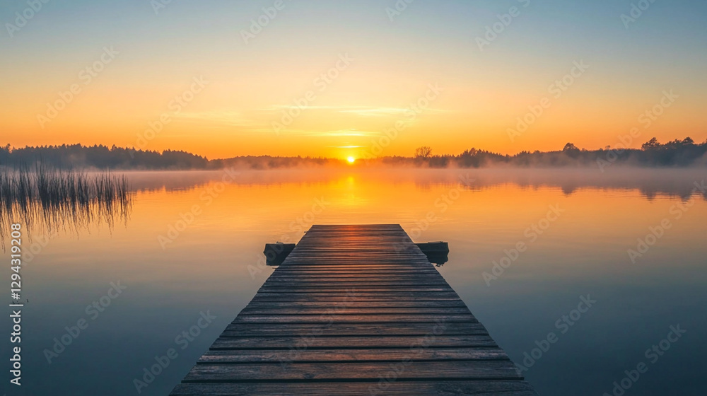 Naklejka premium A sunrise over a tranquil lake with a wooden pier evokes peace and serenity.