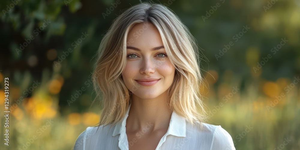 Portrait of a woman with light blonde hair smiling in a sunny park filled with flowers during golden hour in summer Portrait of a woman with light blonde hair smiling in a sunny park filled with flowers during golden hour in summer