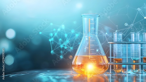 Close up of a vibrant chemical reaction with glowing synthetic compounds forming in a glass beaker double exposure effect with molecular structures creating a futuristic laboratory atmosphere