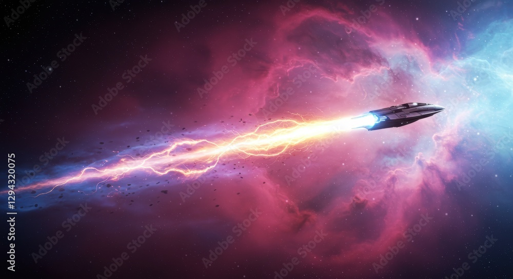 Futuristic spaceship traveling through vibrant nebula with lightning trail in deep space Futuristic spaceship traveling through vibrant nebula with lightning trail in deep space