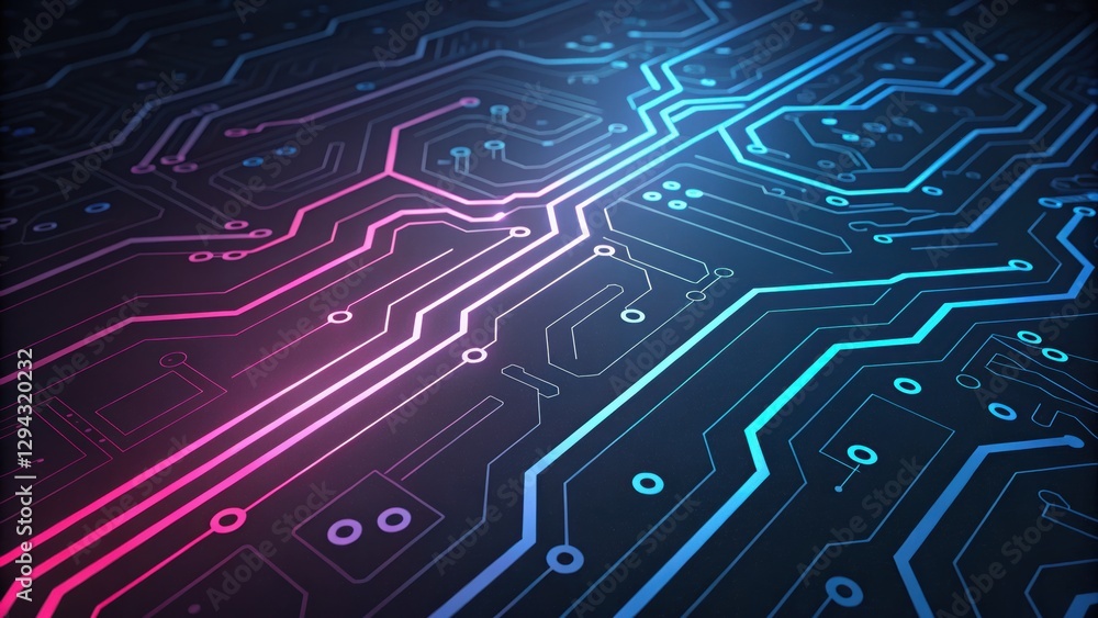 Fototapeta premium Futuristic microchip with neon pink and blue circuit lines, symbolizing advanced technology, AI, and digital connectivity. Modern tech innovation and cyber concept
