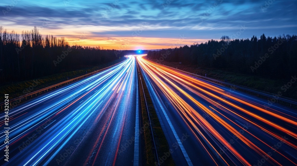 Obraz premium Long exposure photograph of a highway at night with light trails from vehicles in motion
