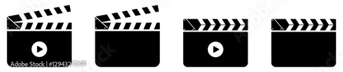 Clapper board icon set. Open and closed movie. Opened Movie Film Clap Board Icon Set Closeup. Clapper board icon set. Open and closed movie. Clapperboard icon set for filmmaking and media production. 