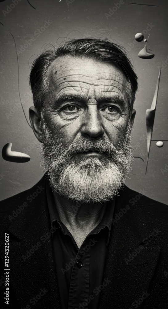 Fototapeta premium Elderly man with beard in black suit surrounded by abstract 3d shapes