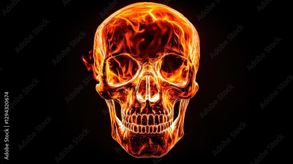Glowing Skull with Flames on Black Background for Halloween Designs Glowing Skull with Flames on Black Background for Halloween Designs