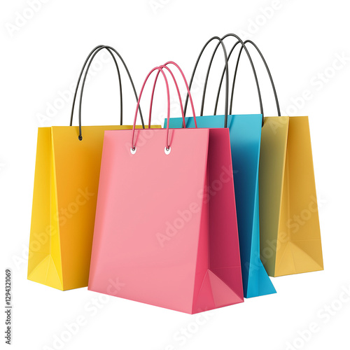 Four shopping bags of different colors and sizes