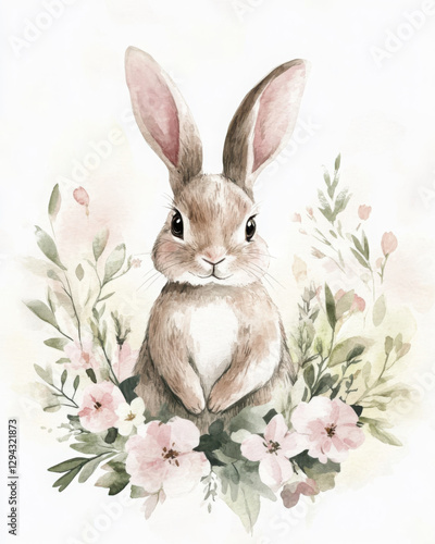 Charming happy rabbit sits in floral wreath enveloped in a soft pastel pink haze. Watercolor illustration, white background.