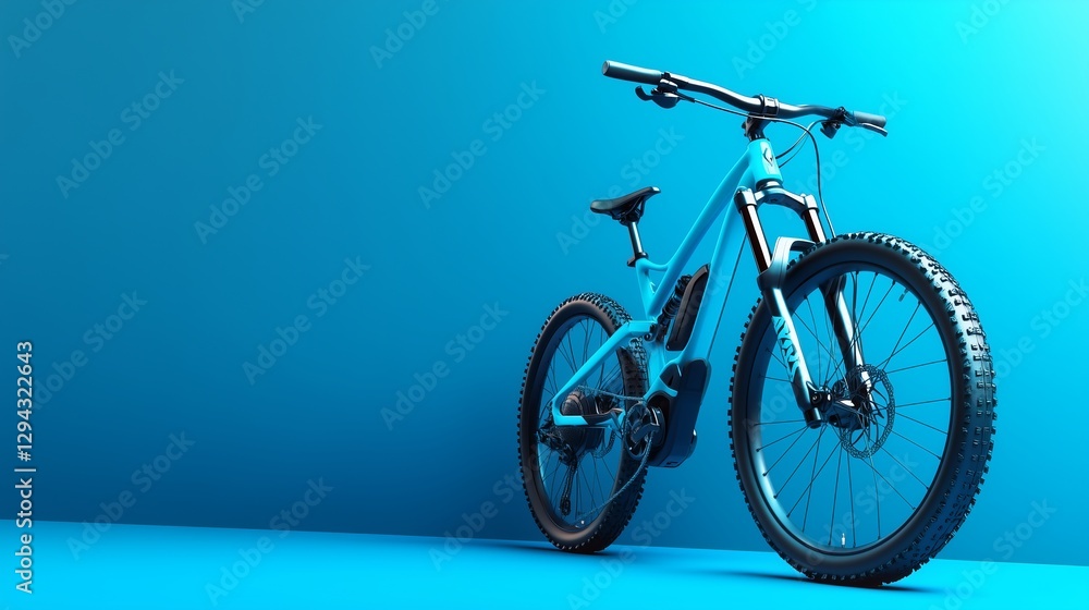 Fototapeta premium Modern electric mountain bike is bright blue, presented on a plain blue background. Its stylish and futuristic design emphasizes advanced technologies and ease of use.