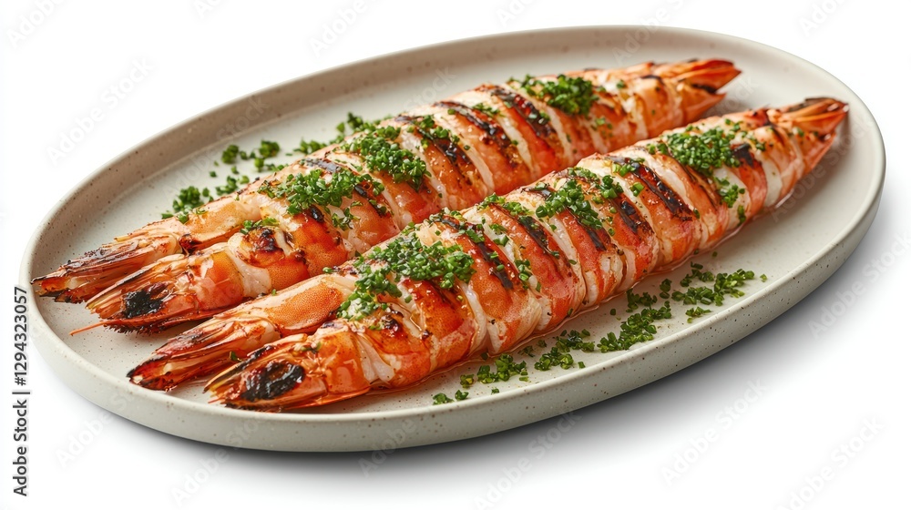 Grilled jumbo shrimp, garnished, on oval plate, restaurant food Grilled jumbo shrimp, garnished, on oval plate, restaurant food