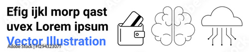 Three main symbols a wallet with cards, a brain, and a cloud connected to circuits. Ideal for finance, technology, AI, cloud computing, cybersecurity online services digital innovation. Landing