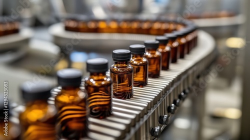 Wallpaper Mural Automated pharmaceutical production line with amber glass bottles on a conveyor belt in a sterile manufacturing facility Torontodigital.ca
