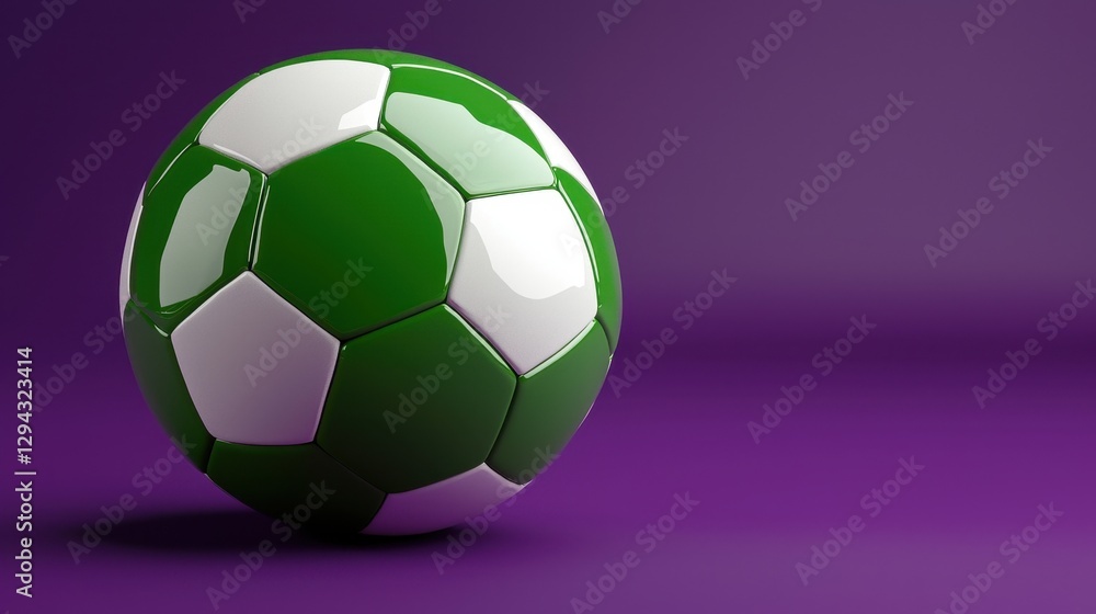Naklejka premium Shiny Green and White Soccer Ball on Purple Background Sport Game Competition Concept
