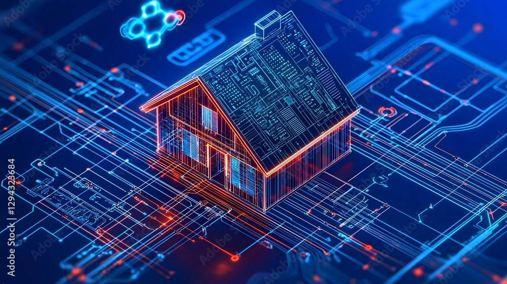 Cyberpunk inspired 3D architectural blueprint of a neon lit high tech smart home featuring automated hydroponics biometric security systems Cyberpunk inspired 3D architectural blueprint of a neon lit high tech smart home featuring automated hydroponics biometric security systems
