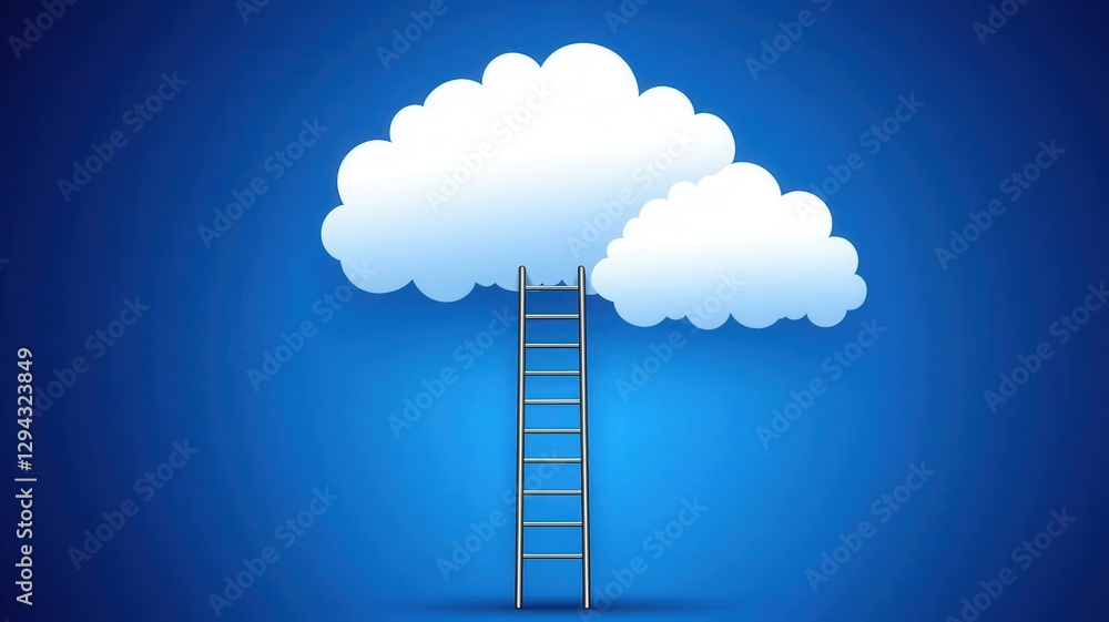 Cloud computing technology with data network. Ladder reaching towards clouds on a blue background symbolizes aspiration and ambition. Cloud computing technology with data network. Ladder reaching towards clouds on a blue background symbolizes aspiration and ambition.