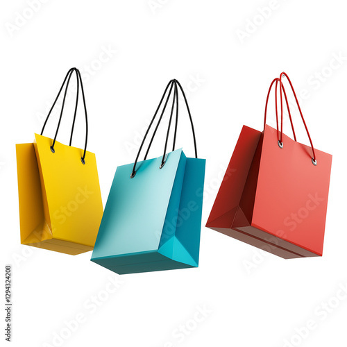 Three shopping bags of different colors are floating in the air isolated on a transparent background