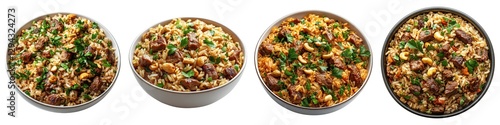 Collection of Homemade Turkish Pilaf with Juicy Meat Crispy Nuts and Flavorful Seasonings Served in a Bowl Isolated on Transparent Background