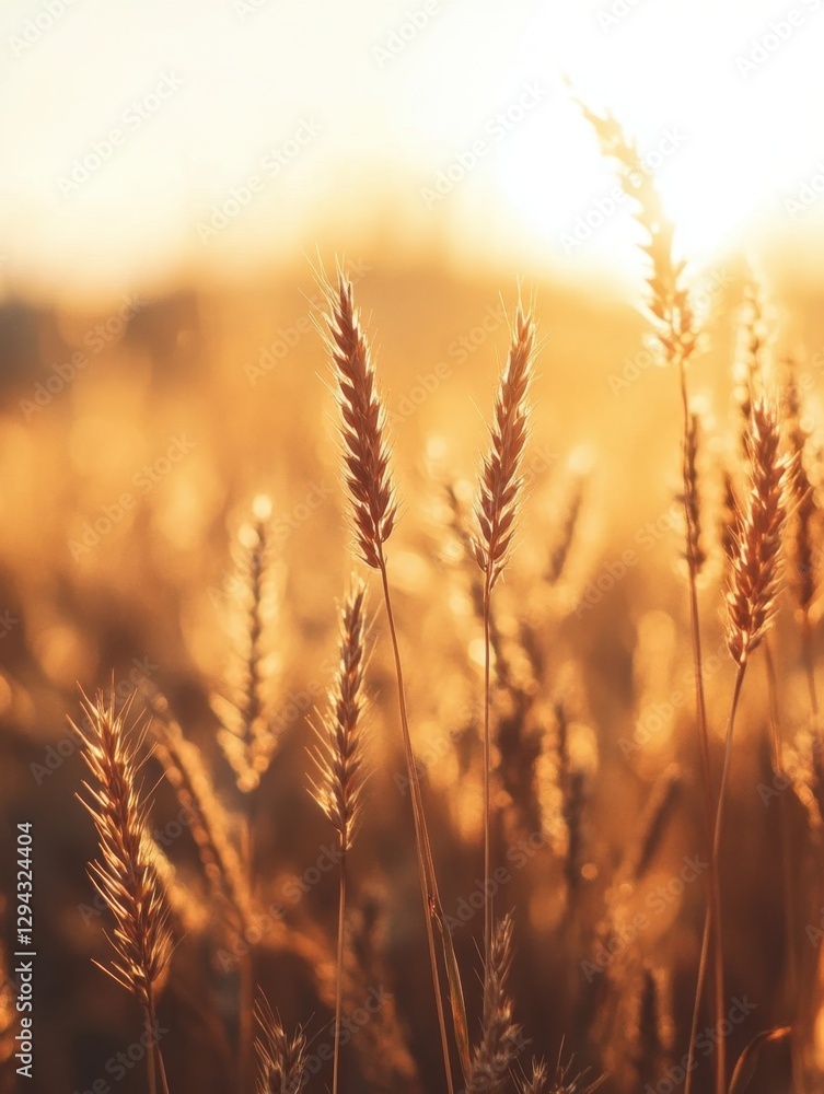 Golden wheat field at sunset with warm sunlight creating a peaceful and serene rural landscape atmosphere for agriculture Golden wheat field at sunset with warm sunlight creating a peaceful and serene rural landscape atmosphere for agriculture