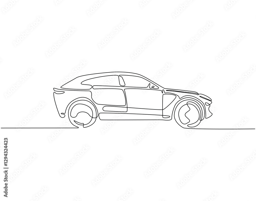 Fototapeta premium Continuous line drawing of car in side view. Single line illustration of modern city car. Transportation, modern vehicle outline. Editable outline