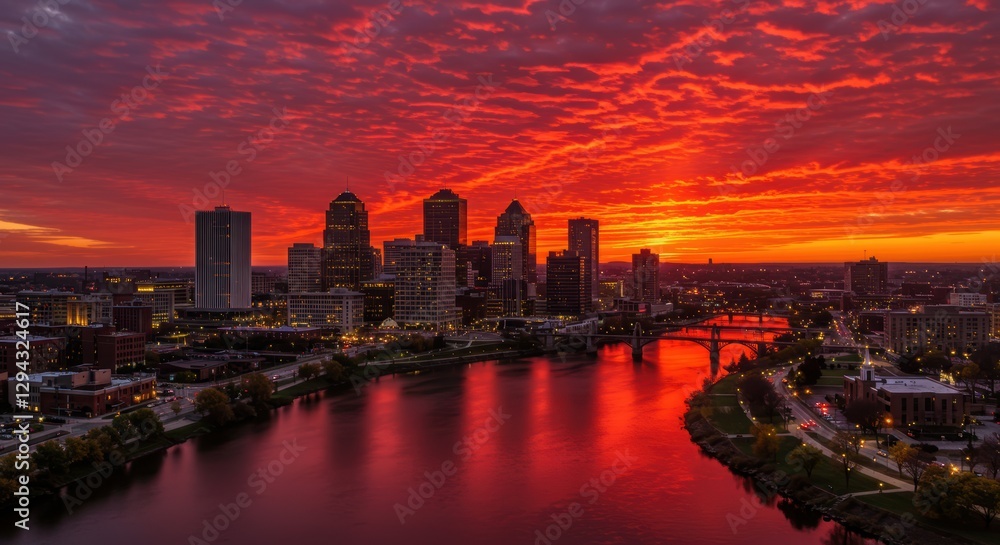 Fototapeta premium Vibrant sunset over city skyline with reflective river and dramatic clouds