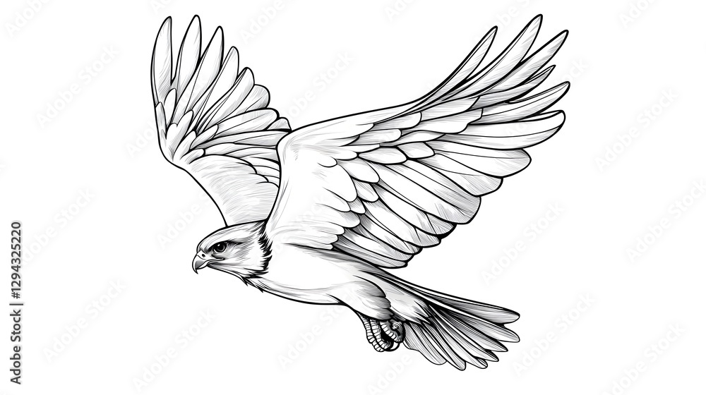 Obraz premium Detailed pen and ink depicting a soaring falcon in mid flight with its wings fully spread capturing the power grace and elegance of this majestic bird of prey